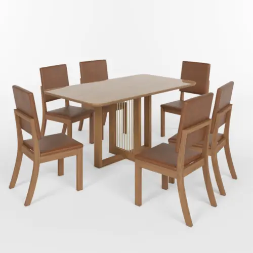 Conjunto de Mesa Natali com 06 Cadeiras Milla Plus 1.6 SE752-537 Nature/Corano Caramelo - Henn