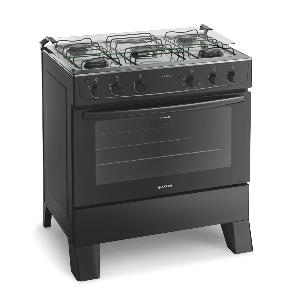 Fogão Milão Plus com 05 Bocas Tampo Inox Acendimento Automático 300001773 Bivolt Preto - Atlas