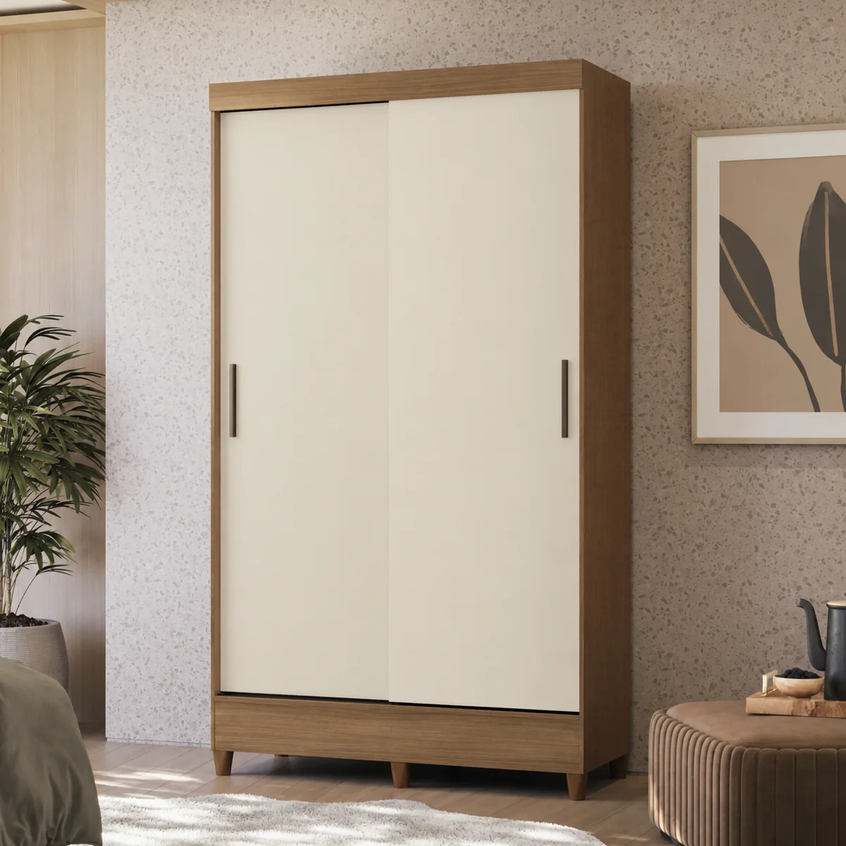 Roupeiro Fit Solteiro com Pés 2 Portas Deslizantes 2 Gavetas Jequitibá/Off White - Santos Andirá