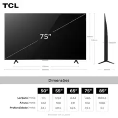 Smart TV 75" Google TV 4K QLED Classic Wi-Fi, Dual Band, Bluetooth Integrados, Google Assistente, Dolby Vision, Dolby Atmos 75P7K Bivolt Preto - TCL