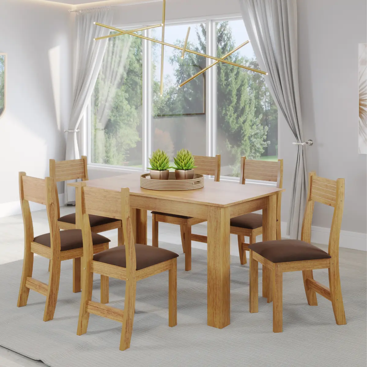 Conjunto de Mesa Violeta com 06 Cadeiras Brisa Almofadada Mel/Veludo/Bombom - Viero