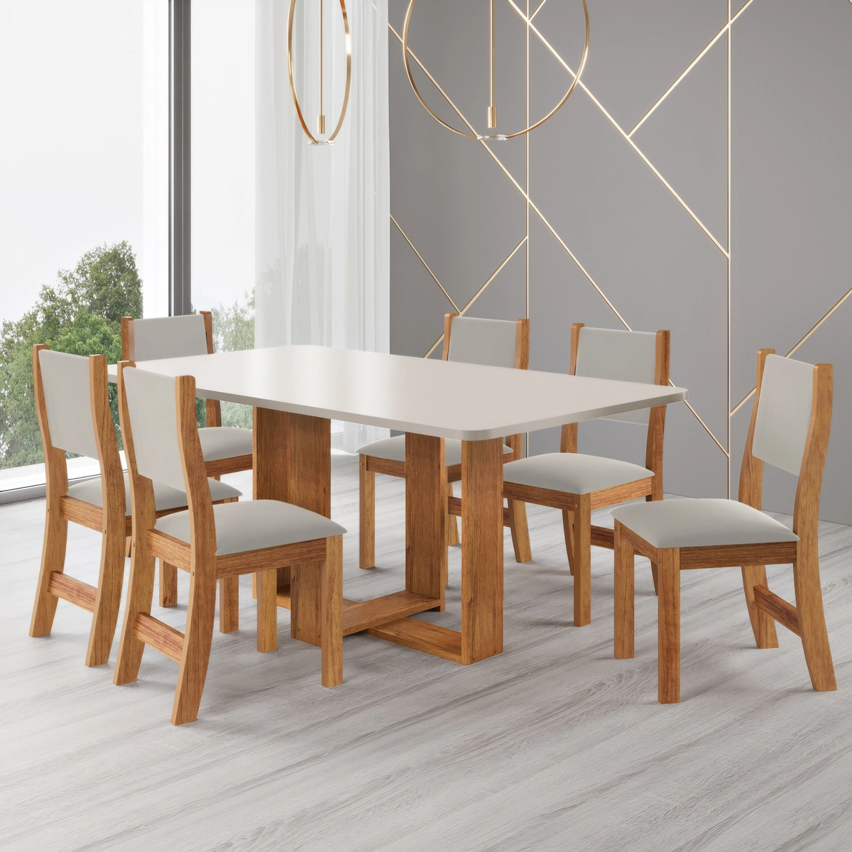 Conjunto de Mesa Luna com 06 Cadeiras Sol Almofadada Mel/Blonde/Veludo Perola - Viero