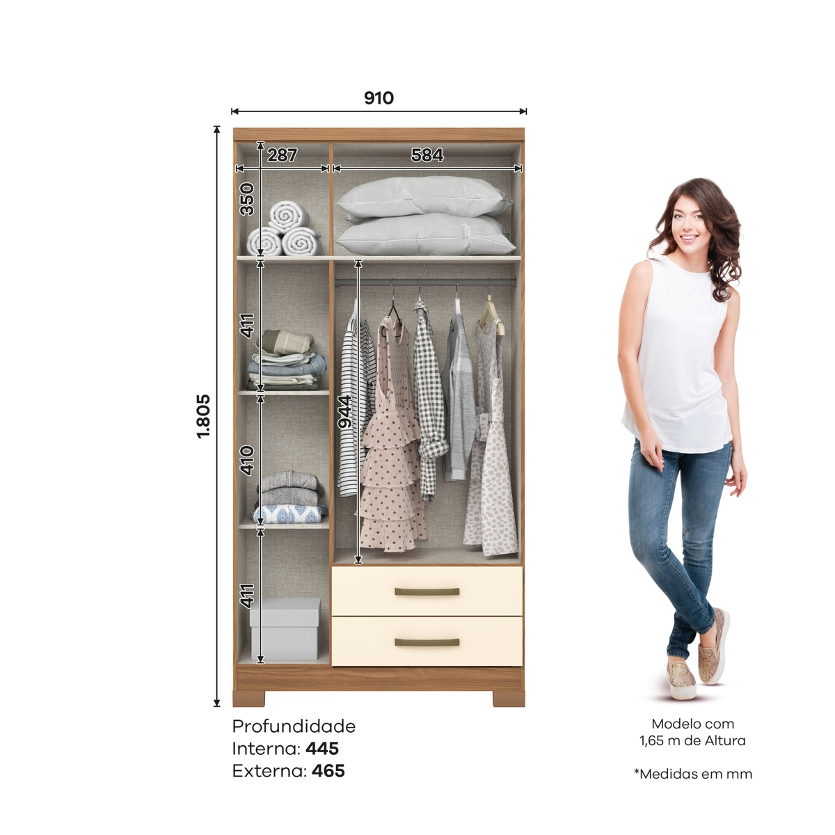 Roupeiro Açaí Solteiro com Chave 3 Portas 2 Gavetas DA133-127 Nature/Off White - Henn