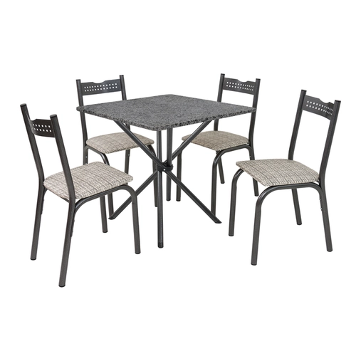 Conjunto de Mesa Slim com 04 Cadeiras Ana Tampo Granito Quadrado Tubo Craqueado 70cm Preto/Junco Manteiga - Ciplafe