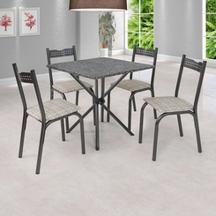 Conjunto de Mesa Slim com 04 Cadeiras Ana Tampo Granito Quadrado Tubo Craqueado 70cm Preto/Junco Manteiga - Ciplafe