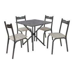 Conjunto de Mesa Slim com 04 Cadeiras Ana Tampo Granito Quadrado Tubo Craqueado 70cm Preto/Junco Manteiga - Ciplafe