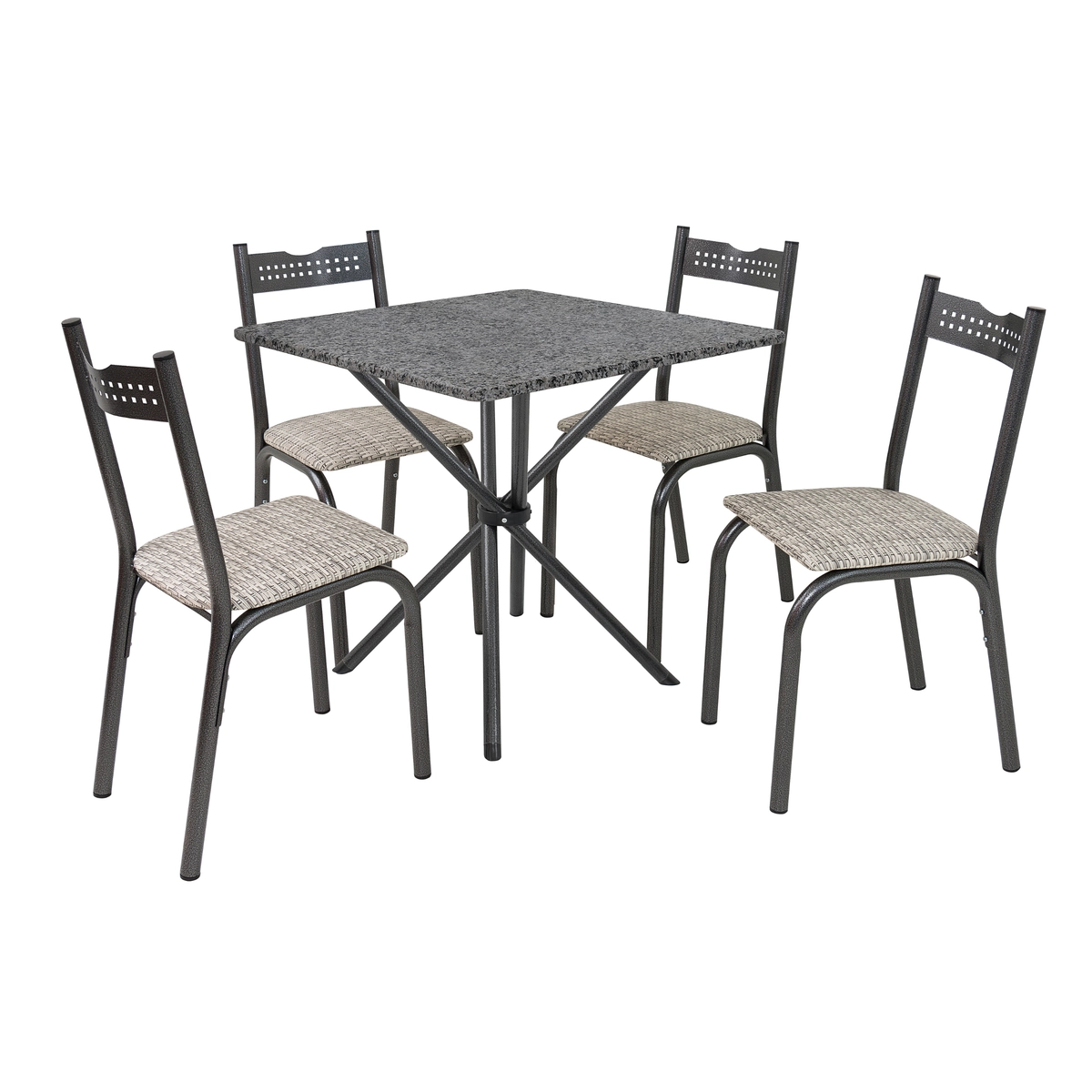 Conjunto de Mesa Slim com 04 Cadeiras Ana Tampo Granito Quadrado Tubo Craqueado 70cm Preto/Junco Manteiga - Ciplafe