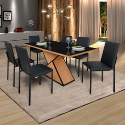 Conjunto de Mesa Egito com 06 Cadeiras Dubai Tampo de Vidro Tubo Fosco 160cm Preto/Freijó/Linho - Ciplafe