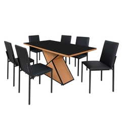 Conjunto de Mesa Egito com 06 Cadeiras Dubai Tampo de Vidro Tubo Fosco 160cm Preto/Freijó/Linho - Ciplafe