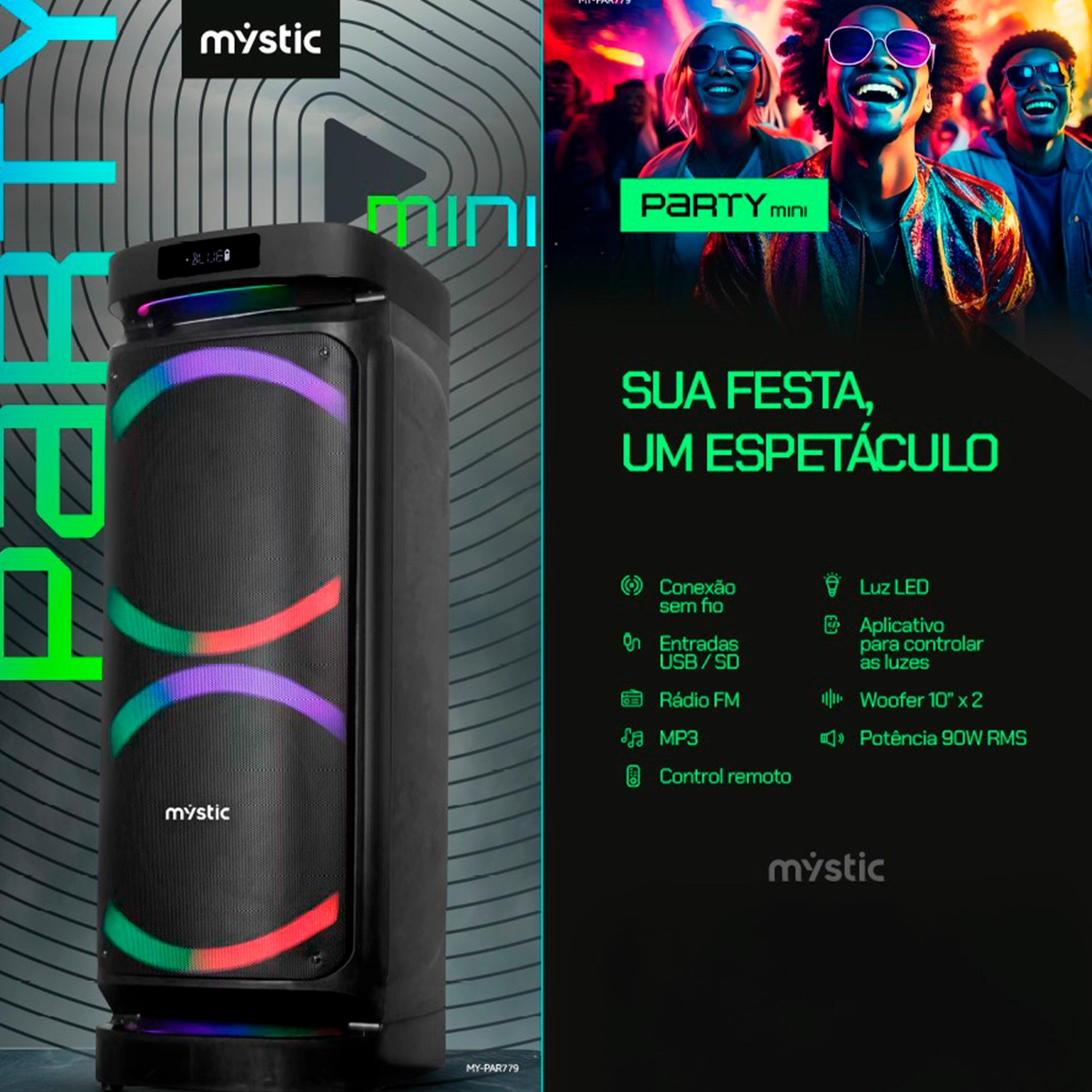 Caixa de Som Amplificada Portátil USB, LED, Bluetooth 90W MYPAR779 127v Preto - Mystic