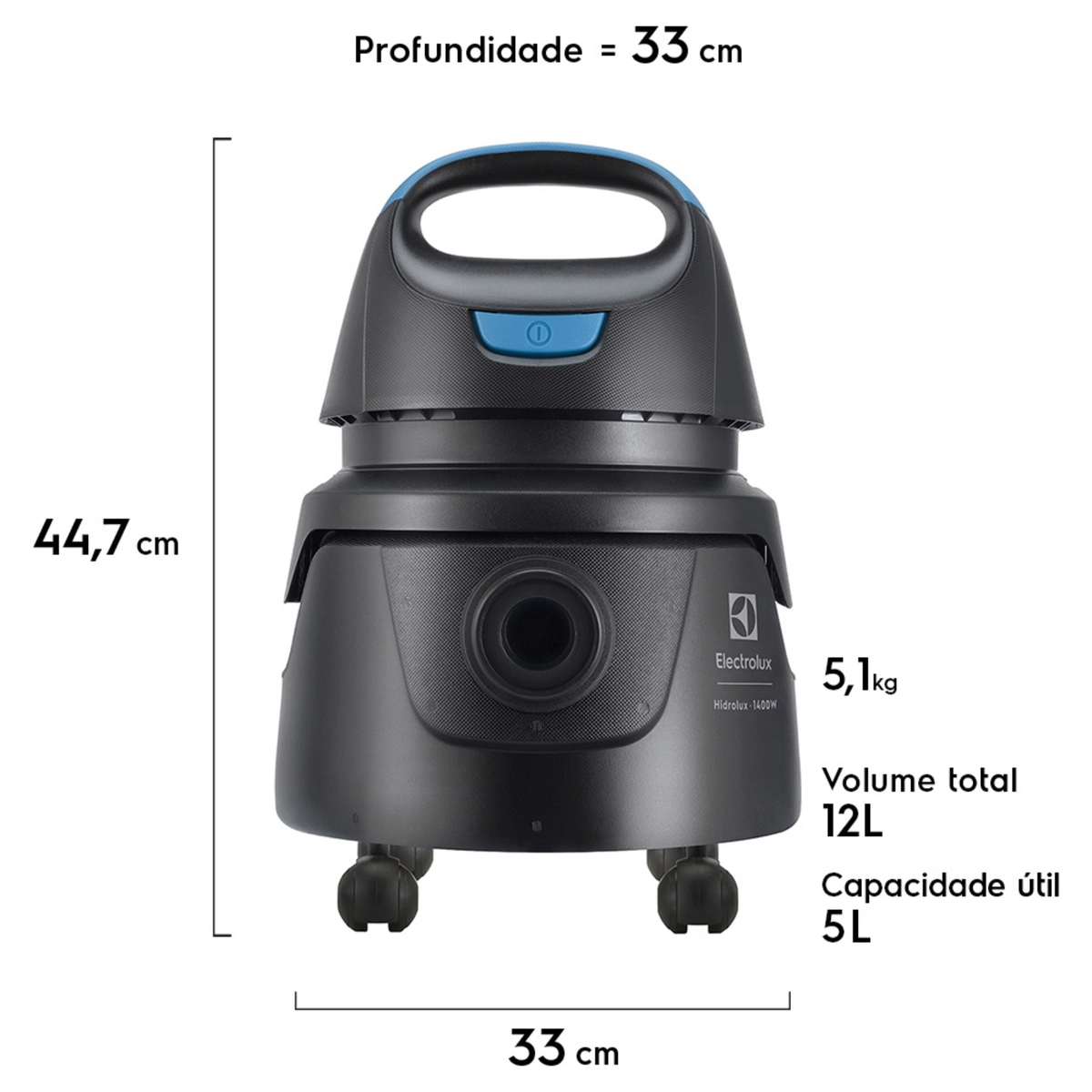 Aspirador de Pó/Água Hidrolux com Conjunto de Acessórios e Rodas 360° 1400W 5L AWD01 127v Preto - Electrolux