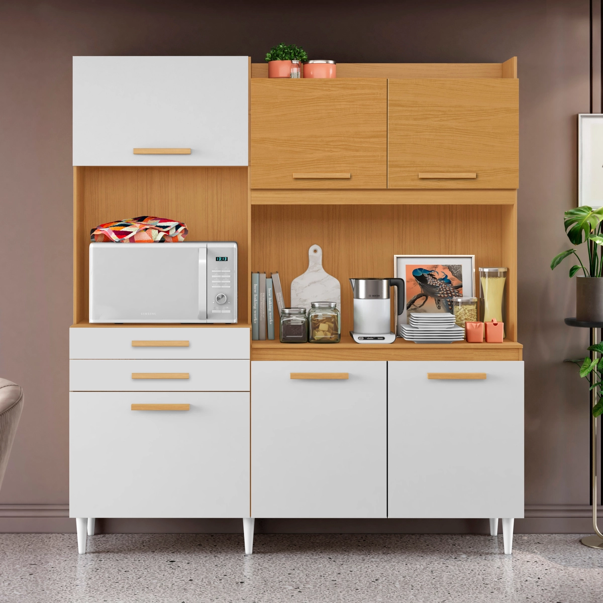 Kit Cozinha Selena com 6 Portas 2 Gavetas 942 Cinamomo/Branco TX - Aramóveis