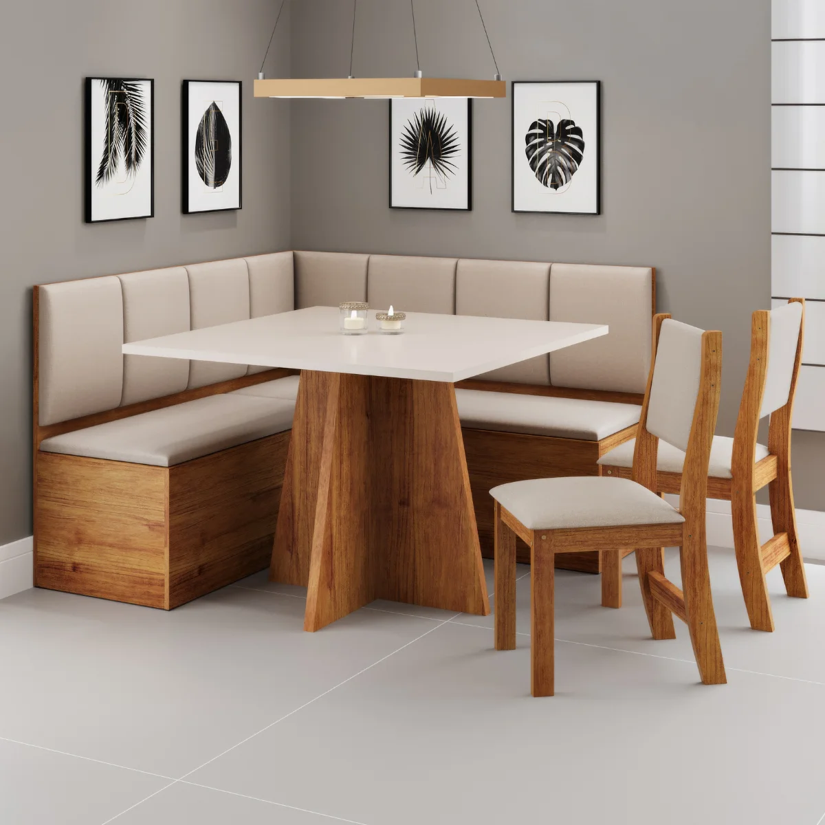 Conjunto de Mesa Malta Canto com 02 Cadeiras Sol Mel/Blonde/Linho/Bronze - Viero