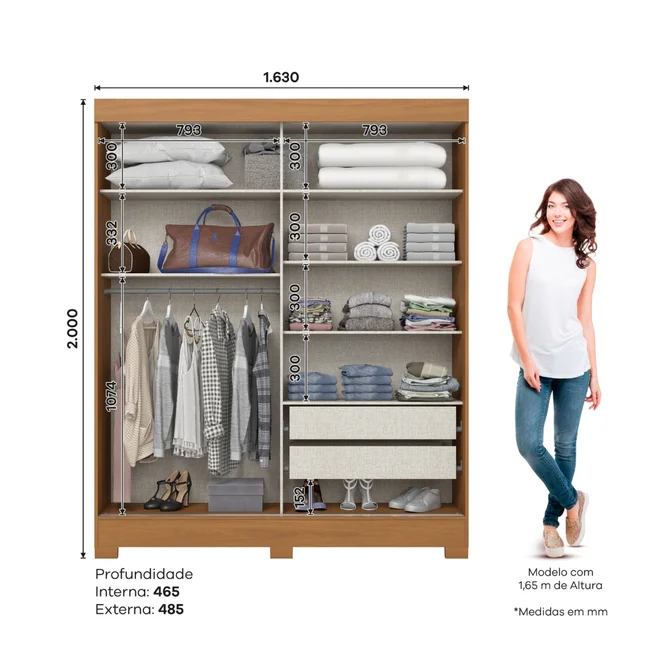 Roupeiro Briz com Espelho 2 Portas Deslizantes 2  gavetas B66-138 Castanho HP/Off White - Henn