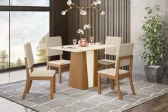Conjunto de mesa 4 cadeiras Orus SE714-507 Cadeira Milla Nature/Off White Linho