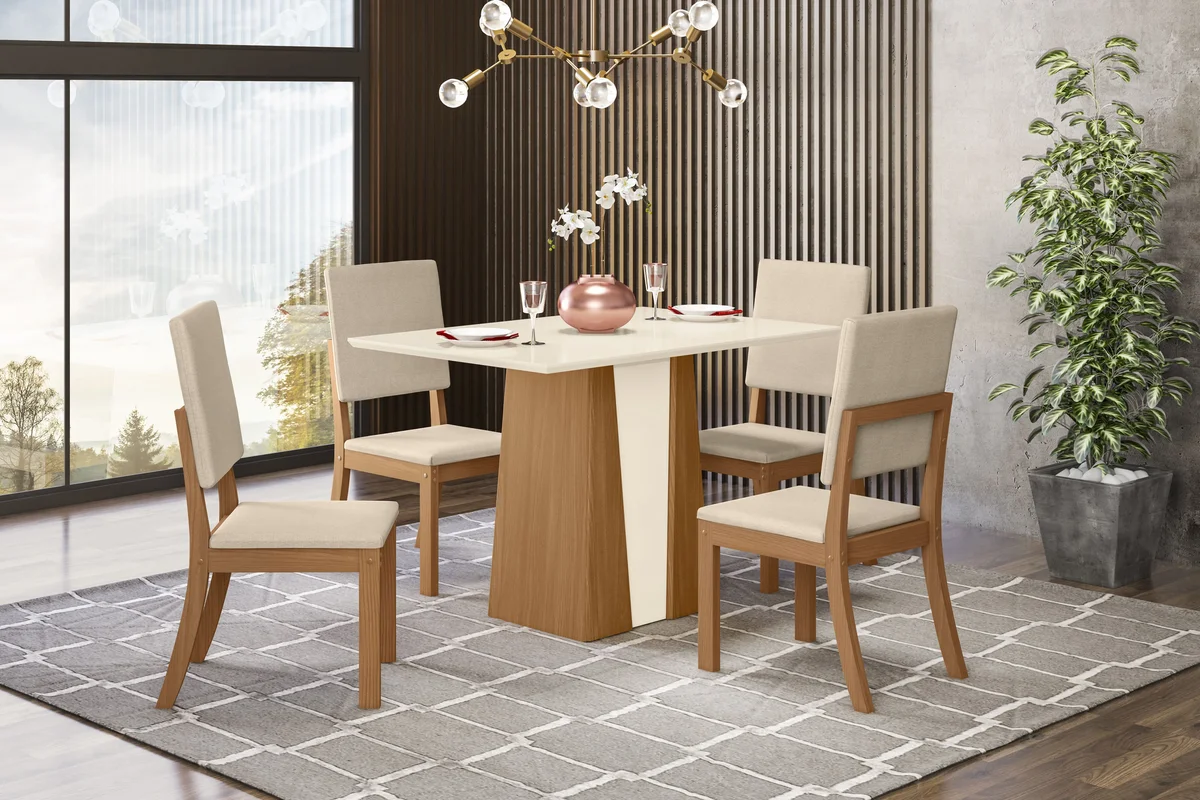 Conjunto de mesa 4 cadeiras Orus SE714-507 Cadeira Milla Nature/Off White Linho