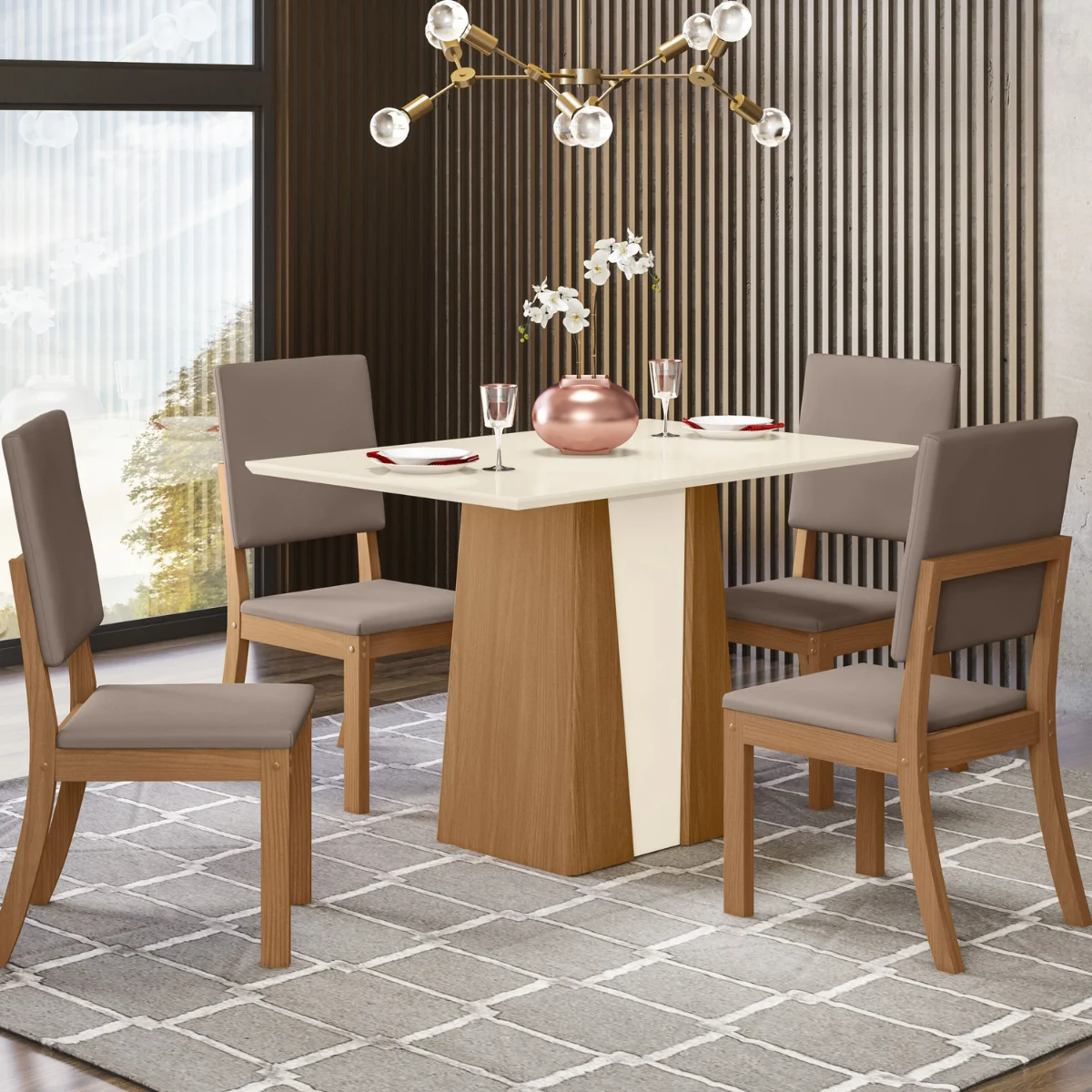 Conjunto de mesa 4 Cadeiras Orus SE714-522 Cadeira Milla Nature/Off White