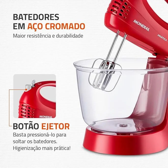 Batedeira Elétrica Mondial Pratic Due 400W Vermelha 127V AP/MT