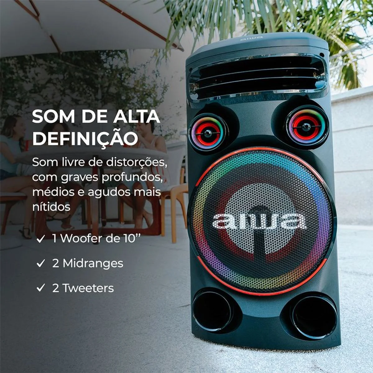 Caixa de Som Torre AIWA AWS-T1W-02 1600W Bluetooth RGB USB FM DJ Bivolt - AP / MT