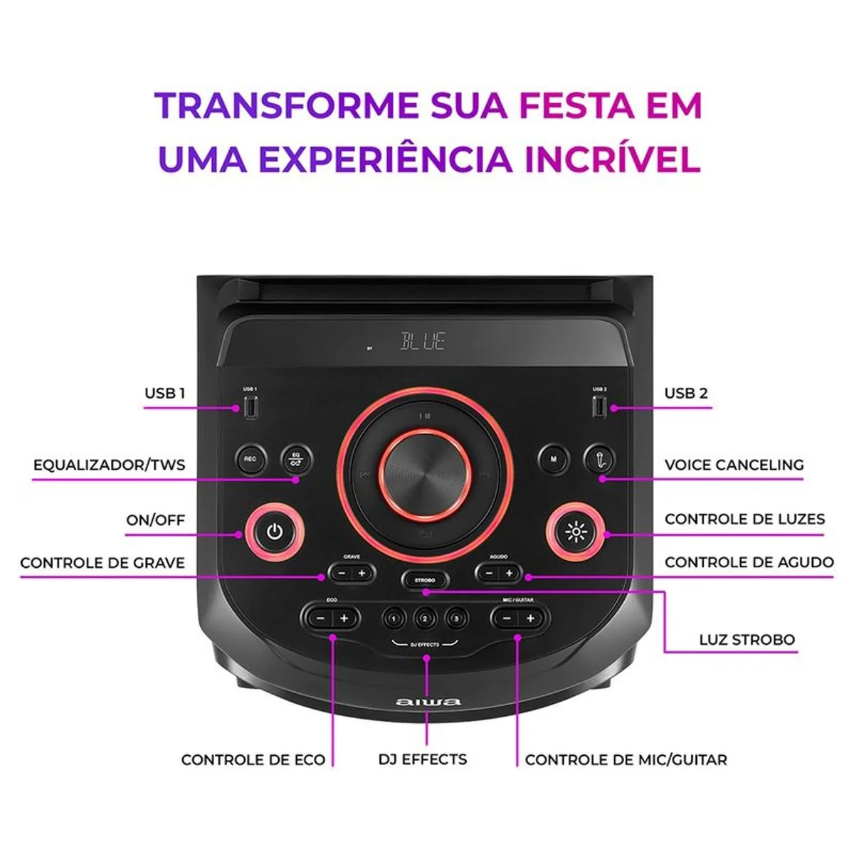 Caixa de Som Torre AIWA AWS-T1W-02 1600W Bluetooth RGB USB FM DJ Bivolt - AP / MT