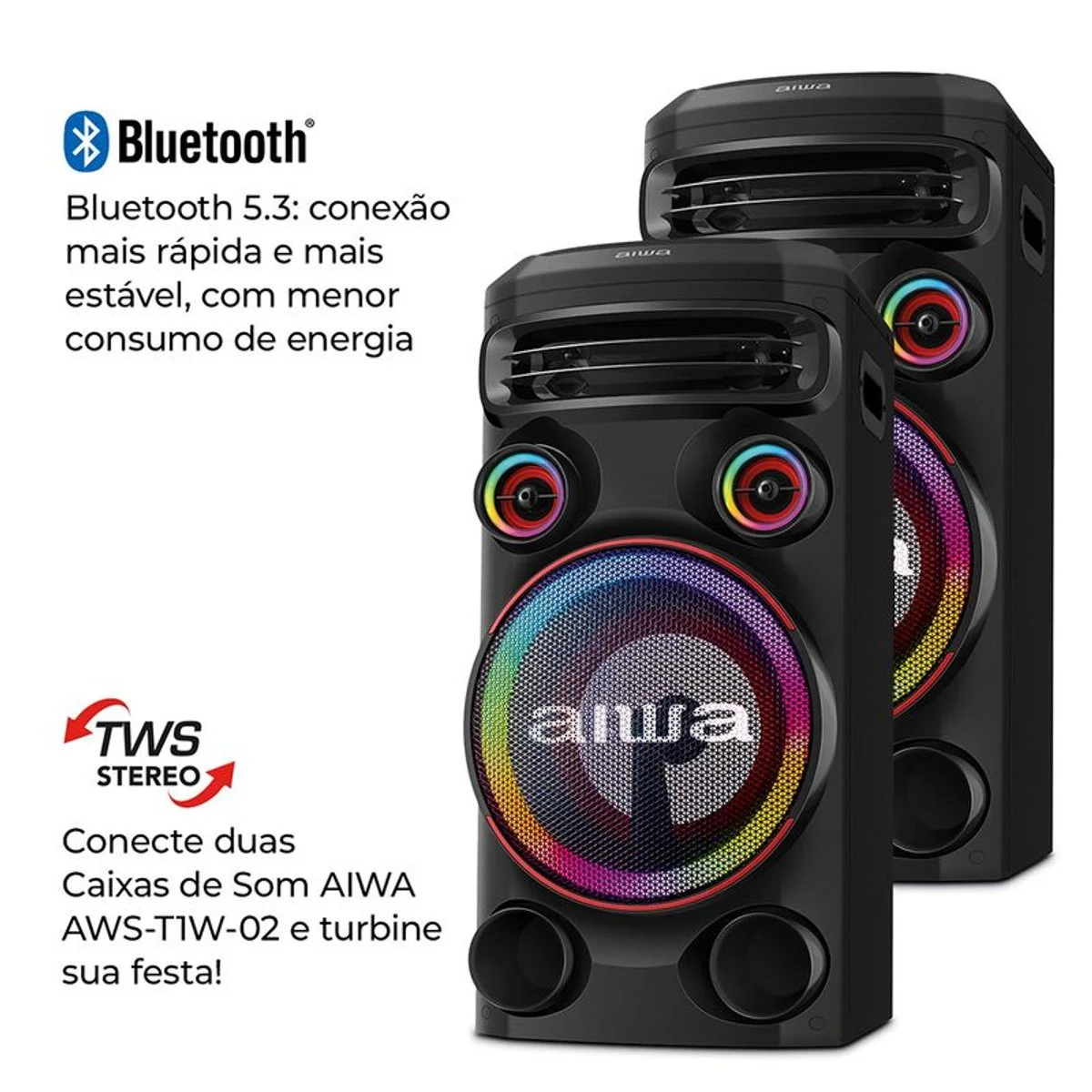Caixa de Som Torre AIWA AWS-T1W-02 1600W Bluetooth RGB USB FM DJ Bivolt - AP / MT