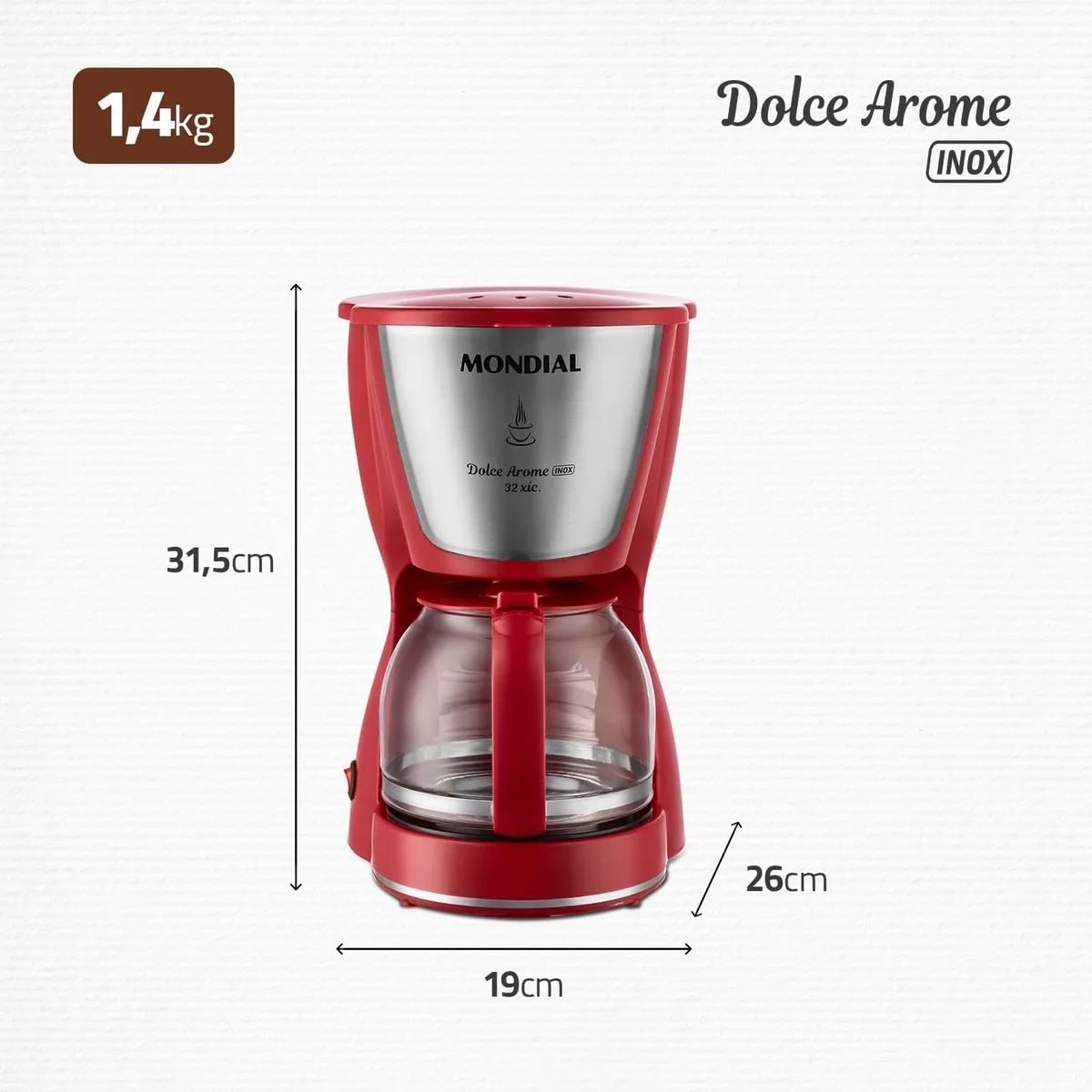 Cafeteira Elétrica Mondial Dolce Arome 32 Xícaras Inox Vermelha 127V AP/MT
