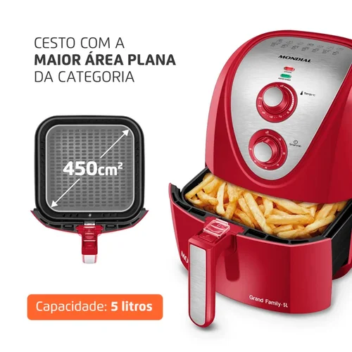 Fritadeira Elétrica Sem Óleo Air Fryer Mondial Grand Family Inox 5L Vermelha 127V AP/MT
