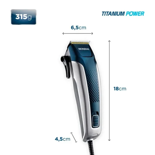 Cortador de Cabelos Mondial Titanium Power CR-09M com Maleta 127V Azul/Prata AP/MT