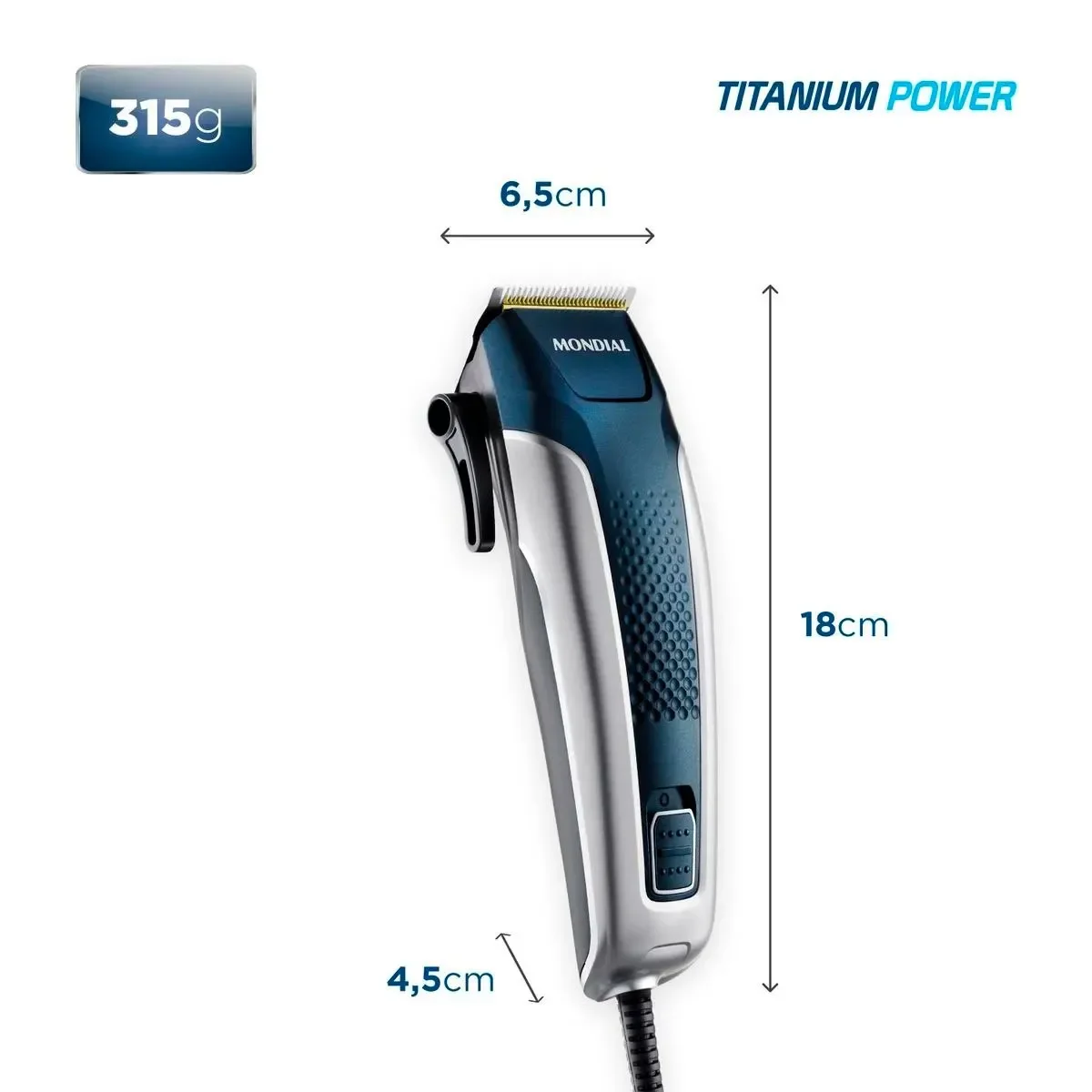 Cortador de Cabelos Mondial Titanium Power CR-09M com Maleta 127V Azul/Prata AP/MT