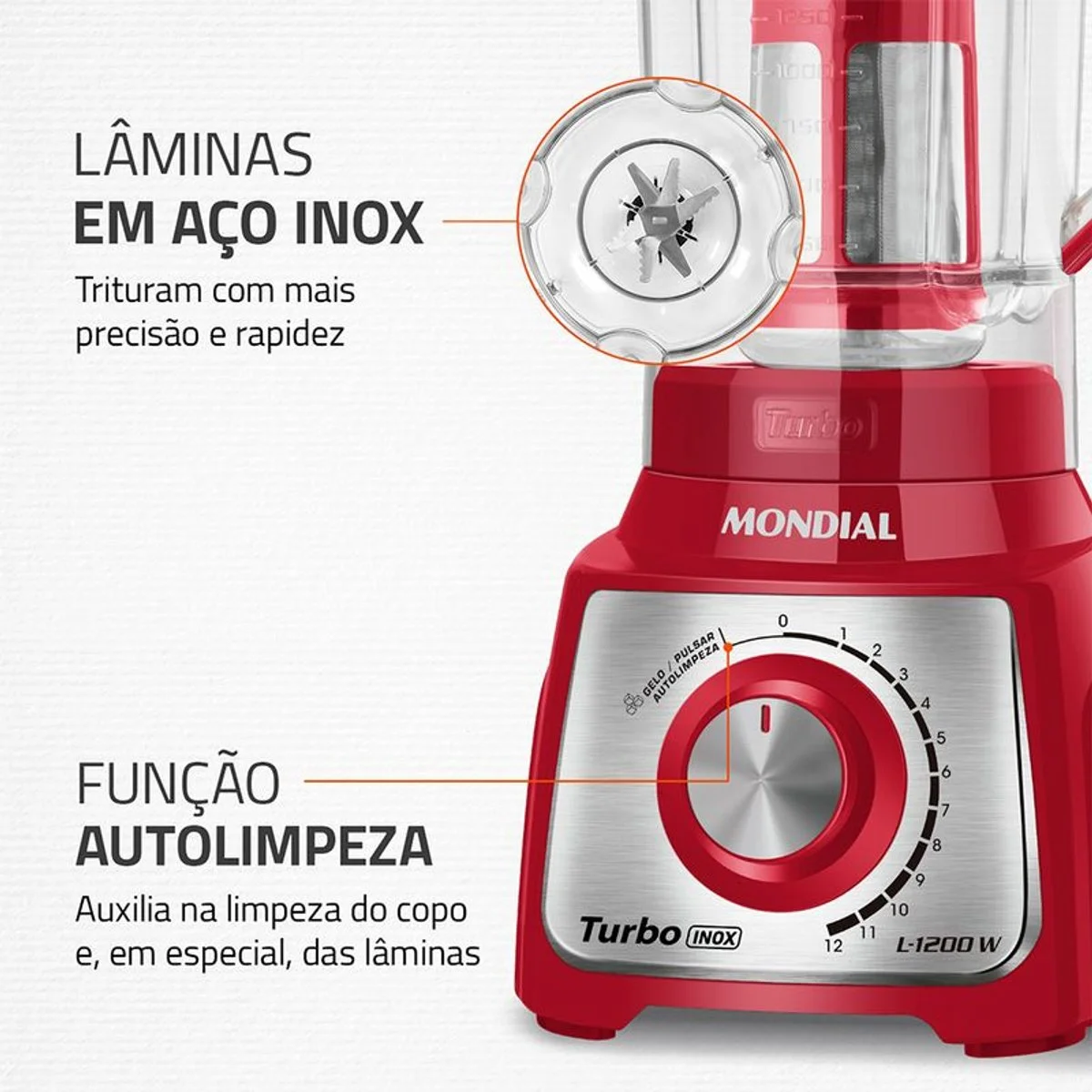 Liquidificador Mondial Turbo Inox L-1200 RI 3L 1200W Vermelho 127V - AP / MT