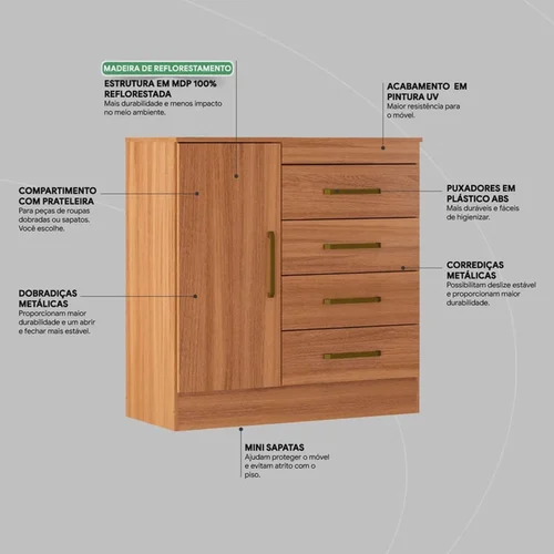 Cômoda Montevidéu 4 Gavetas 1 Porta com Pés Amêndola Touch - AP / MT