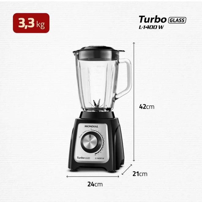 Liquidificador Mondial Turbo Glass L-1400 GI 1400W Copo de Vidro 2,2L Preto 127V - AP / MT