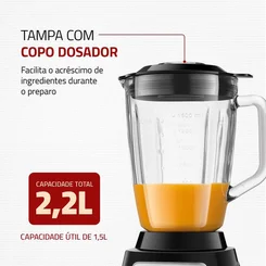 Liquidificador Mondial Turbo Glass L-1400 GI 1400W Copo de Vidro 2,2L Preto 127V - AP / MT