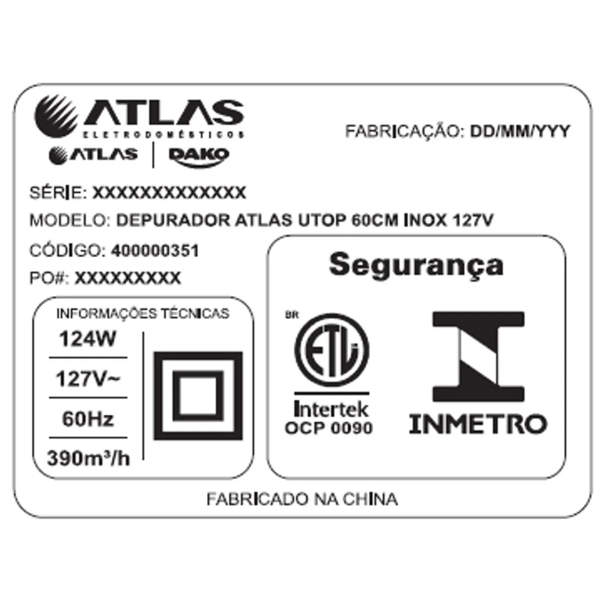 Depurador de Ar Atlas U Top 60cm Inox 127V - AP / MT