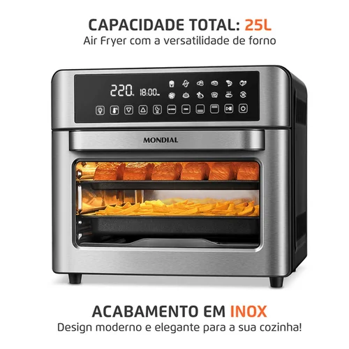 Air Fryer Forno Oven Digital Mondial 25L Preto Inox 2000W AFO-25L-BI 127V - AP / MT