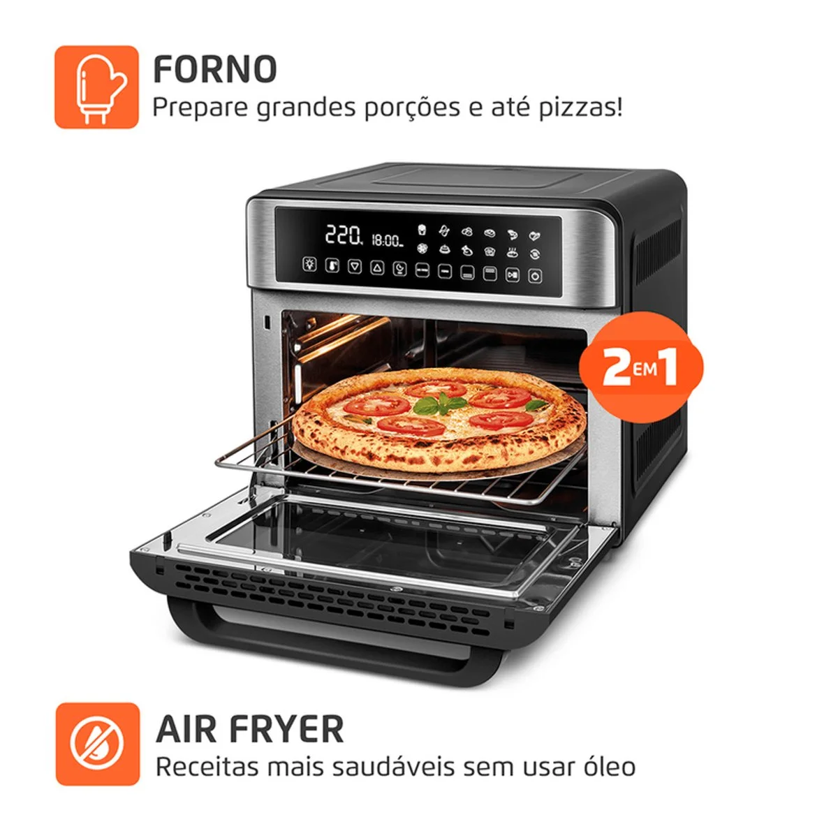Air Fryer Forno Oven Digital Mondial 25L Preto Inox 2000W AFO-25L-BI 127V - AP / MT