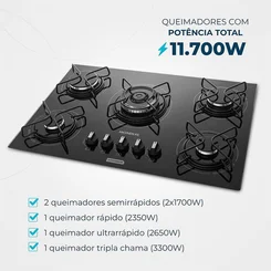Cooktop a Gás 5 Bocas Tripla Chama Mondial CTG-03 Preto Inox Bivolt - AP / MT