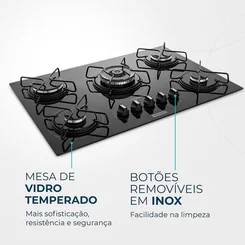 Cooktop a Gás 5 Bocas Tripla Chama Mondial CTG-03 Preto Inox Bivolt - AP / MT