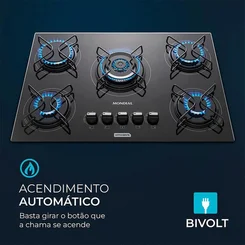 Cooktop a Gás 5 Bocas Tripla Chama Mondial CTG-03 Preto Inox Bivolt - AP / MT