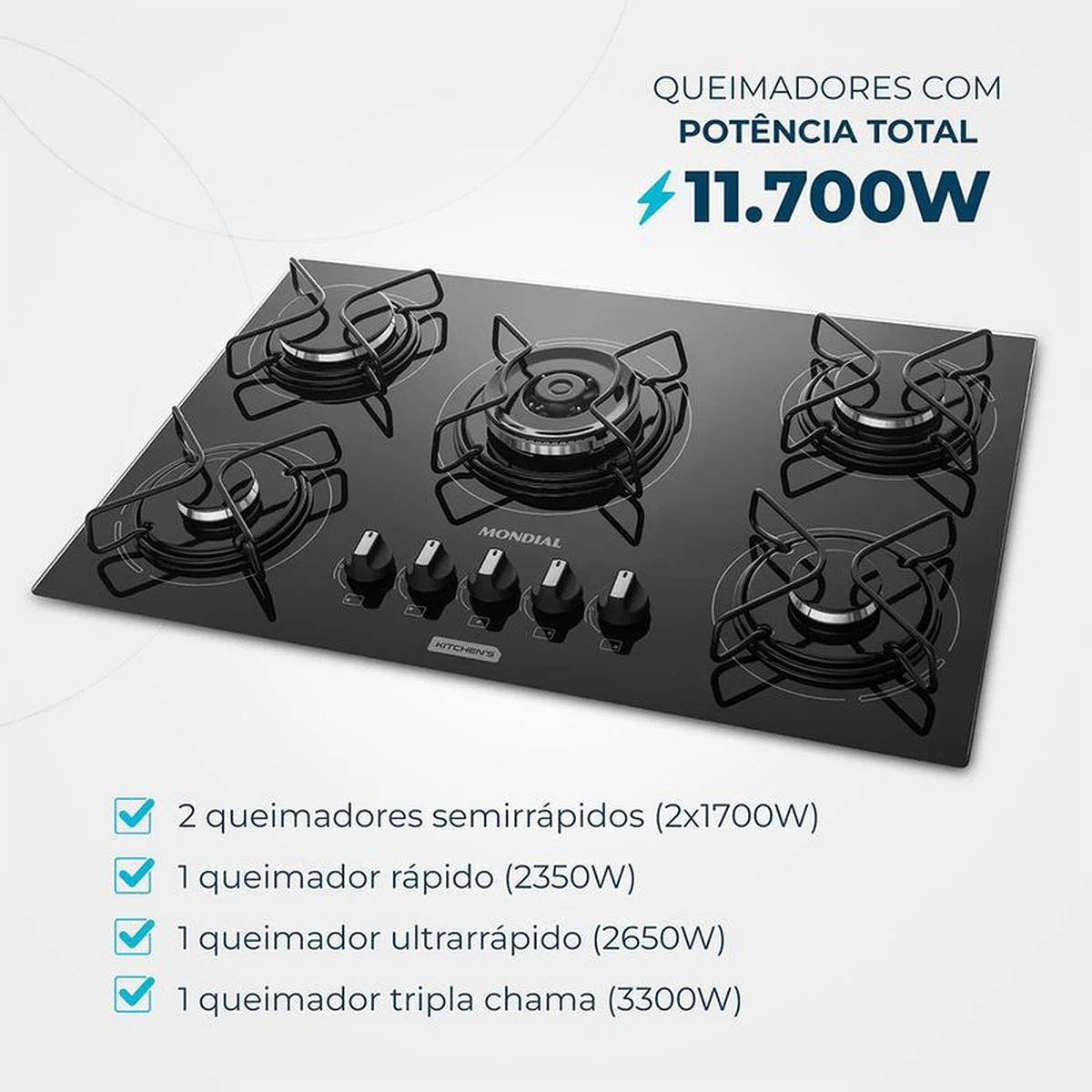 Cooktop a Gás 5 Bocas Tripla Chama Mondial CTG-03 Preto Inox Bivolt - AP / MT
