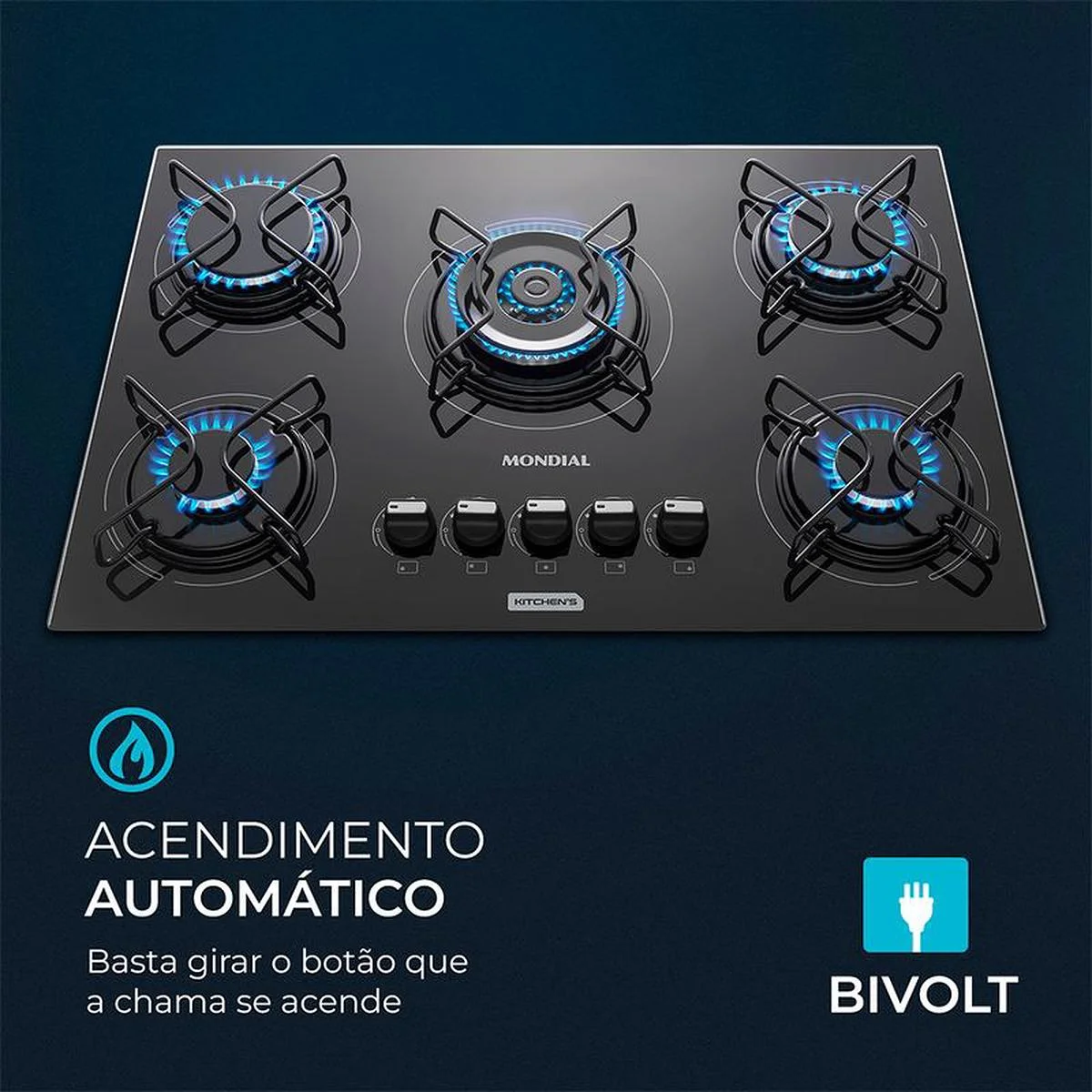 Cooktop a Gás 5 Bocas Tripla Chama Mondial CTG-03 Preto Inox Bivolt - AP / MT