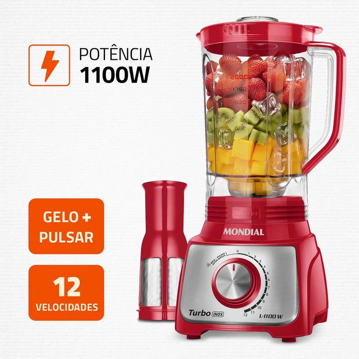 Liquidificador Mondial Turbo Inox L-1100-RI 1100W 3L Vermelho 127V - AP / MT