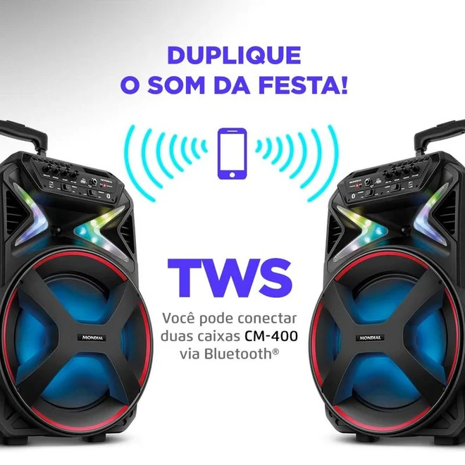 Caixa Amplificada Mondial Connect Lights CM-400 400W RMS Bluetooth Bivolt - AP / MT