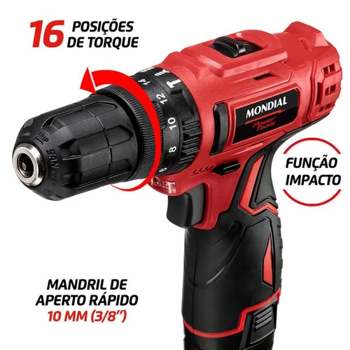 Parafusadeira e Furadeira de Impacto Mondial PI-12MA 12V com Maleta Bivolt - AP / MT