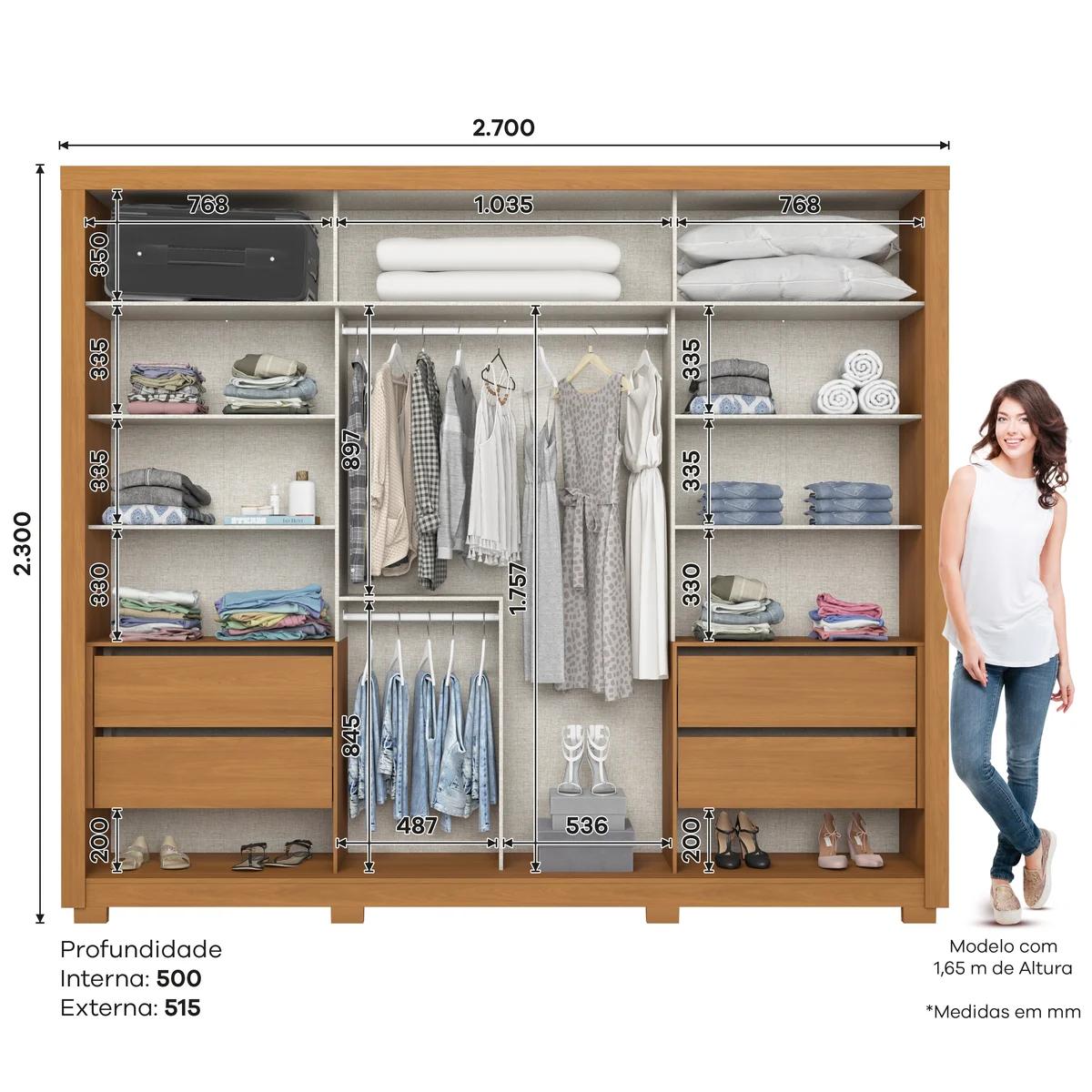 Roupeiro Palace 2 Portas Deslizantes 4 Gavetas D237-221 Cinamomo/Off White - Henn
