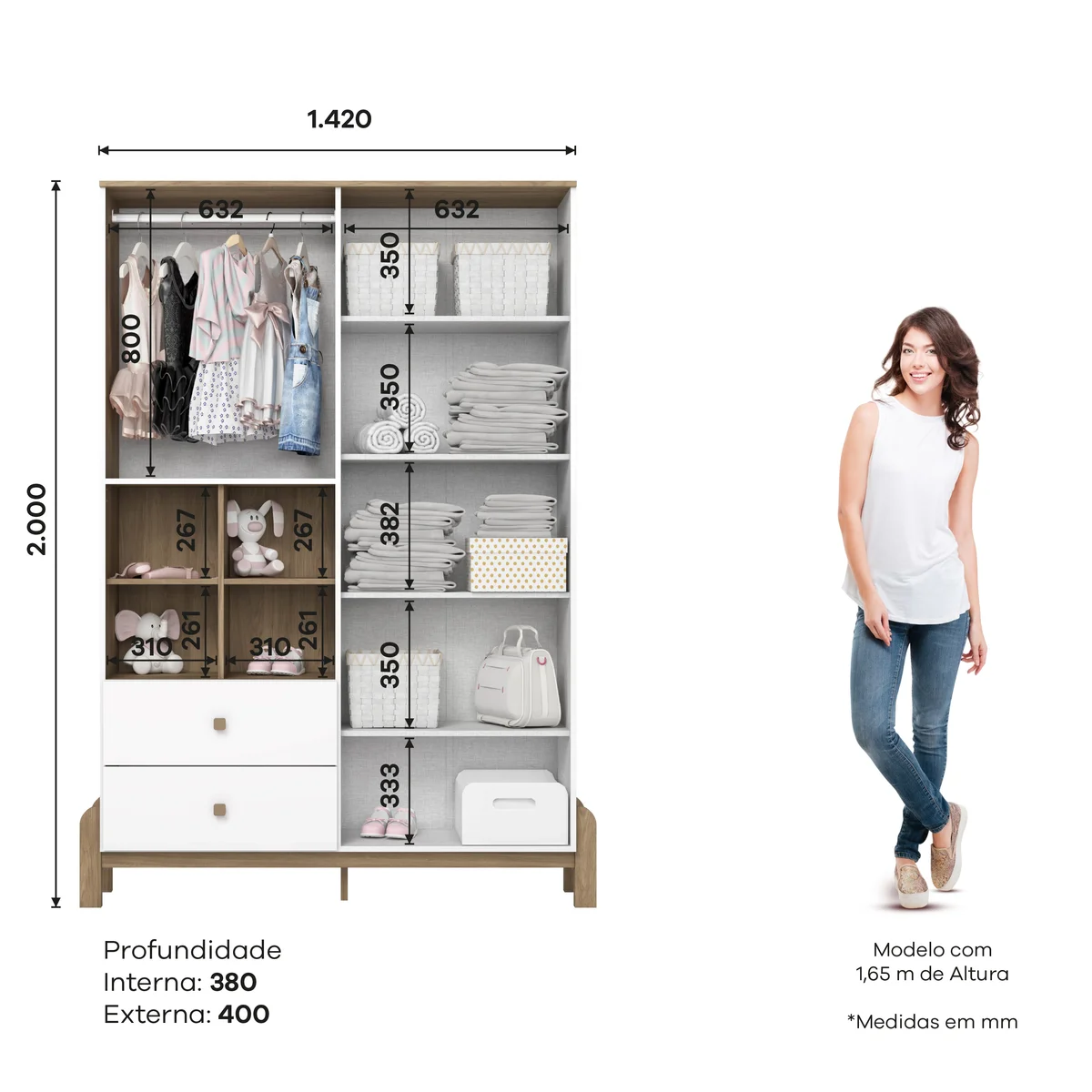 Roupeiro Ternura 4 Portas 2 Gavetas I130-190 Branco Jequitiba HP Henn