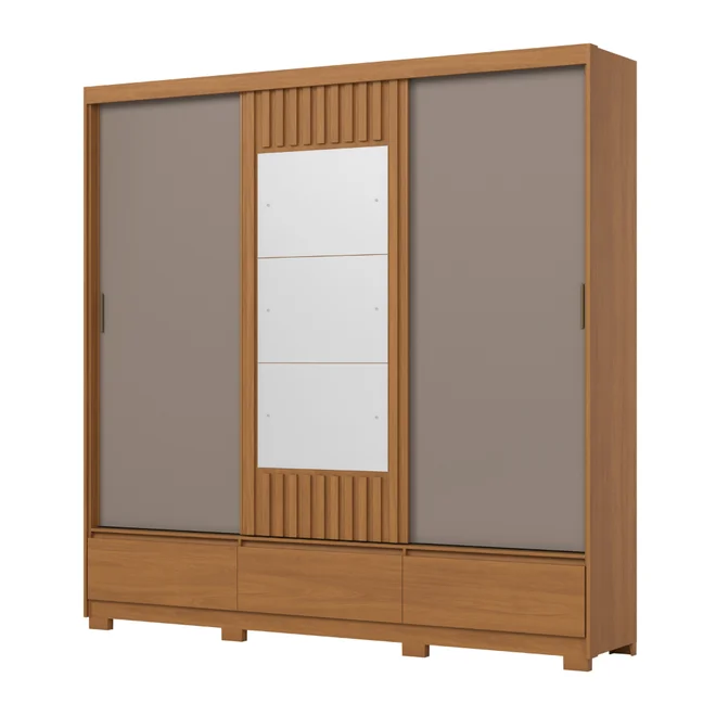 Roupeiro Delvin 3 Portas Deslizante 3 Gavetas Cinamomo/Off White