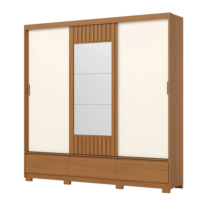 Roupeiro Delvin 3 Portas Deslizante 3 Gavetas Cinamomo/Off White/Avelã - Henn