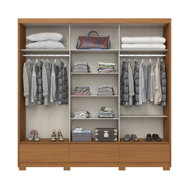 Roupeiro Delvin 3 Portas Deslizante 3 Gavetas Cinamomo/Off White/Avelã - Henn
