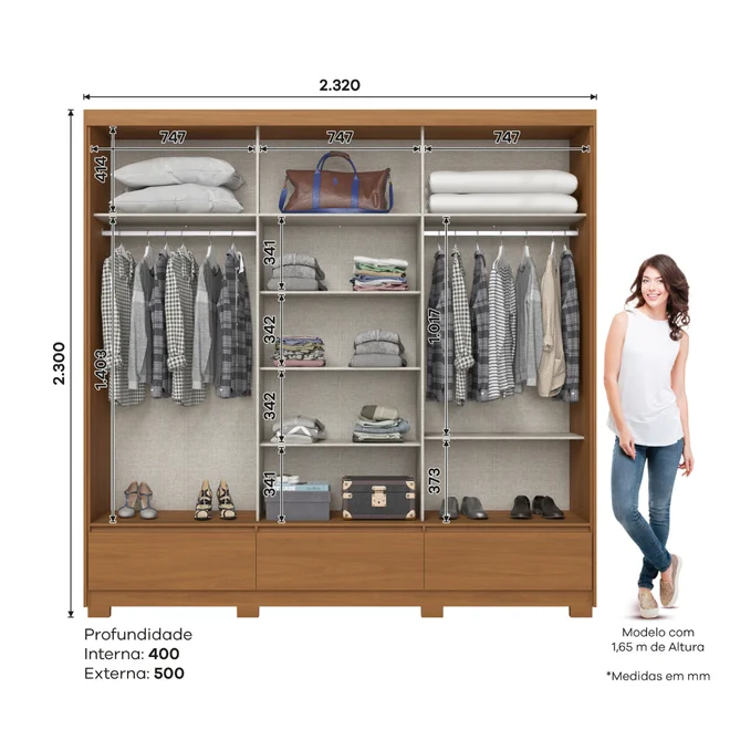 Roupeiro Delvin 3 Portas Deslizante 3 Gavetas Cinamomo/Off White/Avelã - Henn
